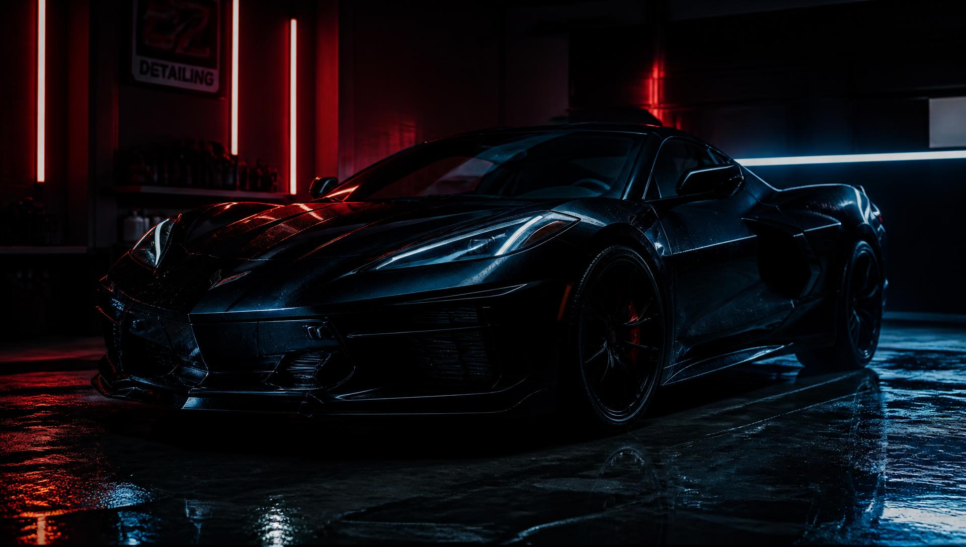 Black sports car with neon lighting inside the ViViD Tint & PPF studio